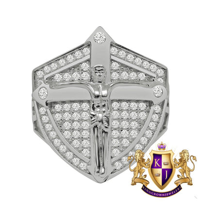 Men's White Gold Tone Genuine Sterling Silver Simulated Diamond Jesus Cross Crucifix Shield Ring Band