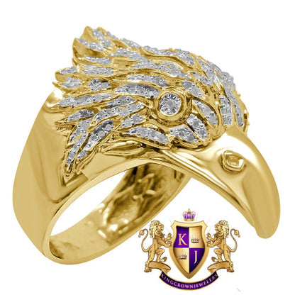 Real Genuine Authentic Diamond Mens American Eagle Falcon Bird Yellow Gold Finish Ring Pinky Band