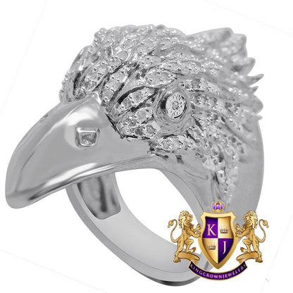 Real Genuine Authentic Diamond Mens American Eagle Falcon Bird White Gold Finish Ring Pinky Band