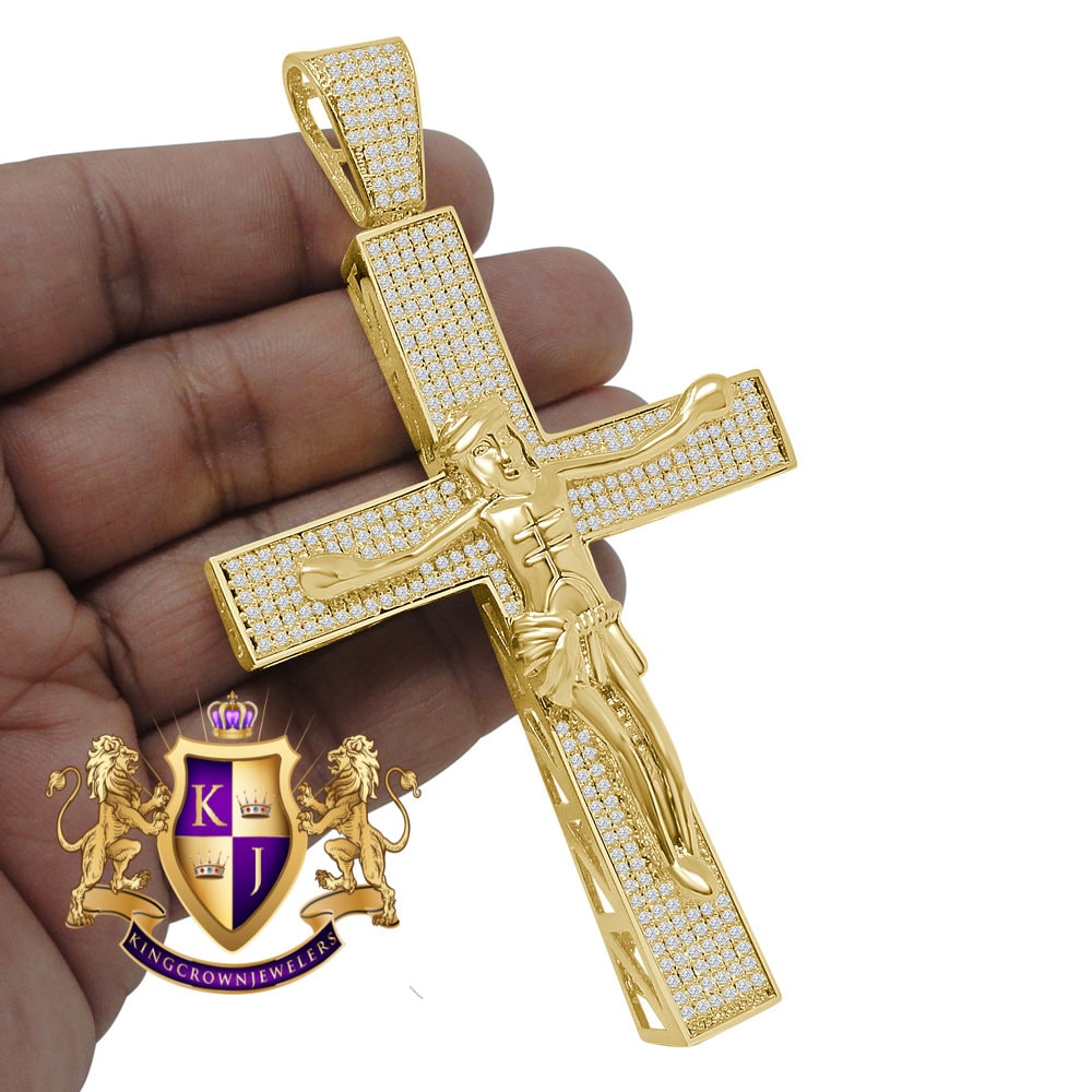 Big XL 4.25'' Custom Piece AAA+ Cubic Zirconia Yellow Gold Tone Jesus Crucifix Cross Charm Pendent