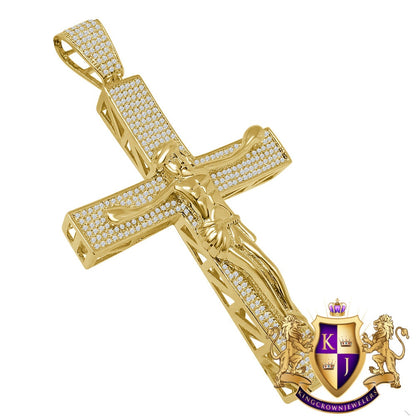 Big XL 4.25'' Custom Piece AAA+ Cubic Zirconia Yellow Gold Tone Jesus Crucifix Cross Charm Pendent