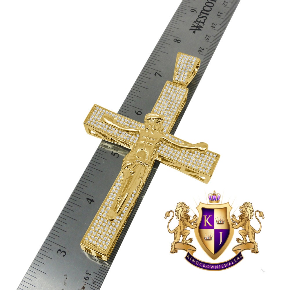 Big XL 4.25'' Custom Piece AAA+ Cubic Zirconia Yellow Gold Tone Jesus Crucifix Cross Charm Pendent