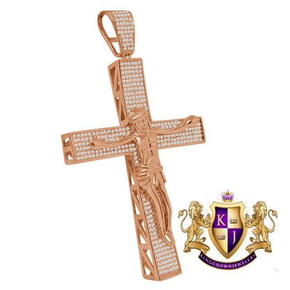 Big XL 4.25'' Custom Piece AAA+ Cubic Zirconia Rose Gold Tone Jesus Crucifix Cross Charm Pendent