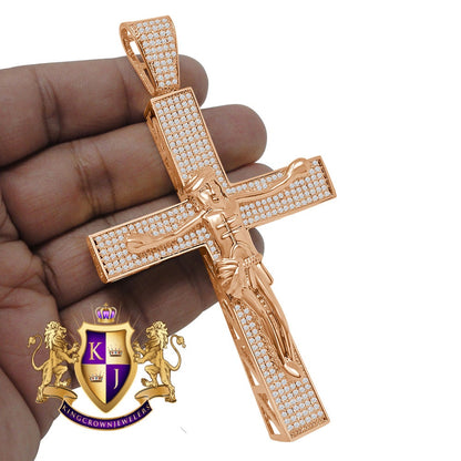 Big XL 4.25'' Custom Piece AAA+ Cubic Zirconia Rose Gold Tone Jesus Crucifix Cross Charm Pendent