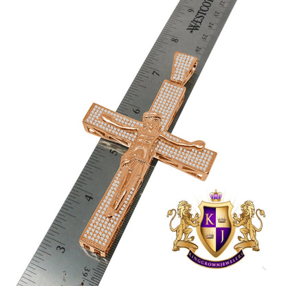Big XL 4.25'' Custom Piece AAA+ Cubic Zirconia Rose Gold Tone Jesus Crucifix Cross Charm Pendent