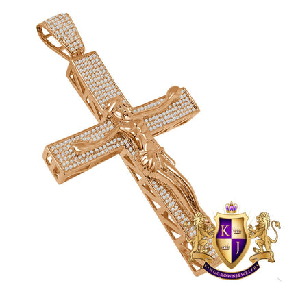 Big XL 4.25'' Custom Piece AAA+ Cubic Zirconia Rose Gold Tone Jesus Crucifix Cross Charm Pendent