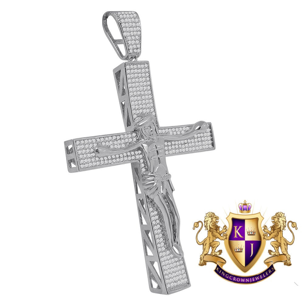 Big XL 4.25'' Custom Piece AAA+ Cubic Zirconia White Gold Tone Jesus Crucifix Cross Charm Pendent