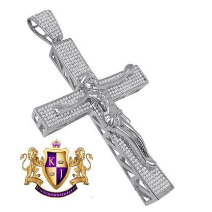Big XL 4.25'' Custom Piece AAA+ Cubic Zirconia White Gold Tone Jesus Crucifix Cross Charm Pendent