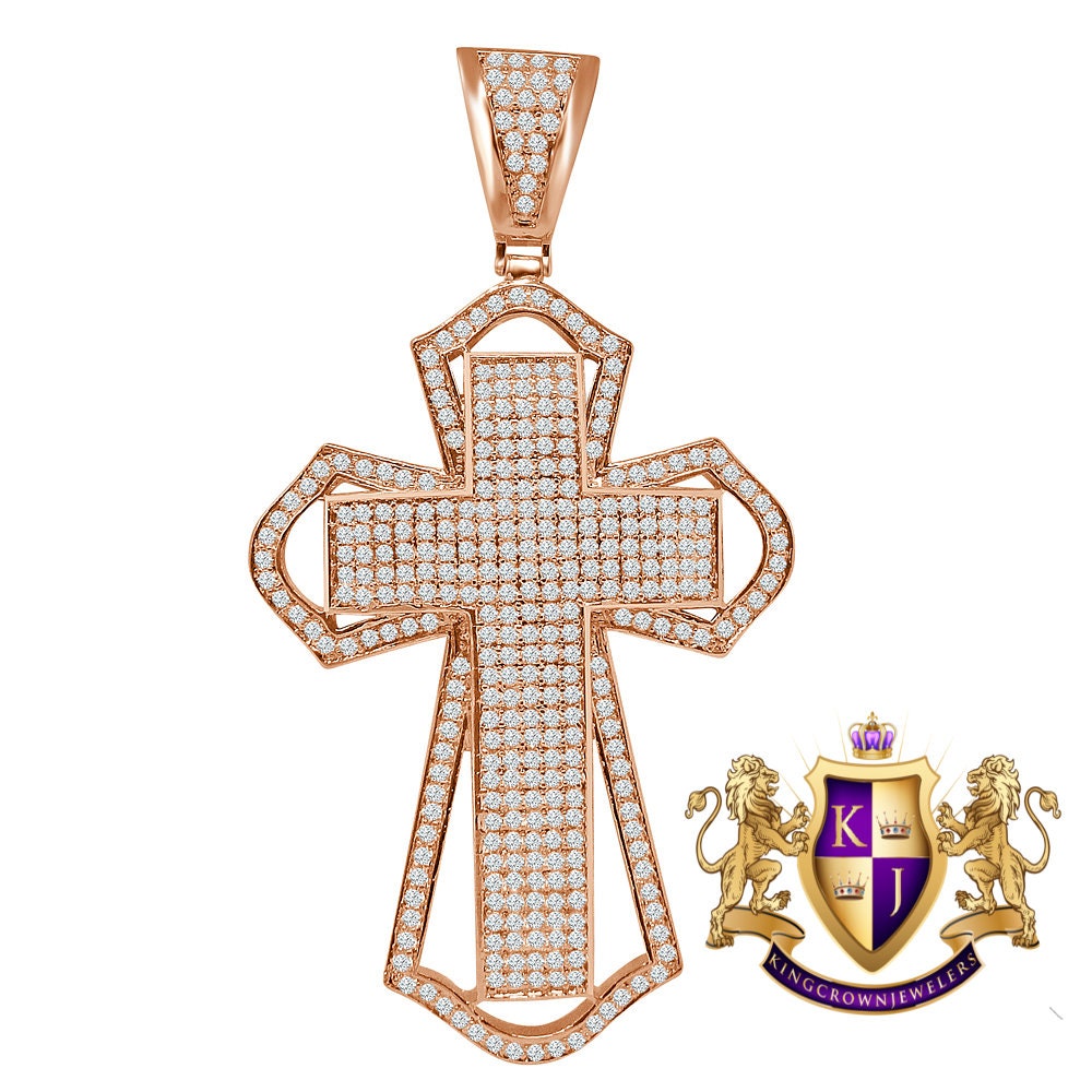 Big 3.5'' 14K Rose Gold Finish Simulated Diamond Jesus Cross Custom Designer Charm Pendent