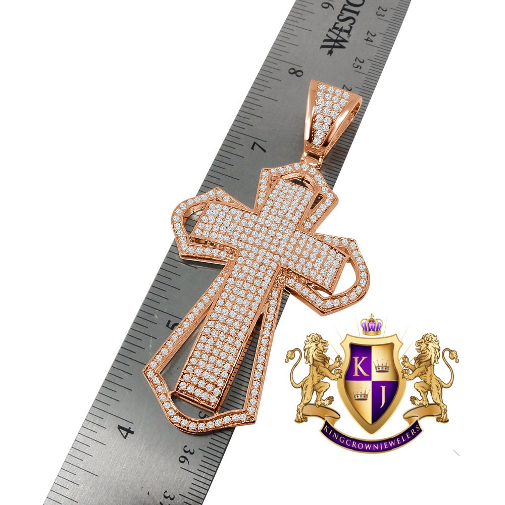 Big 3.5'' 14K Rose Gold Finish Simulated Diamond Jesus Cross Custom Designer Charm Pendent