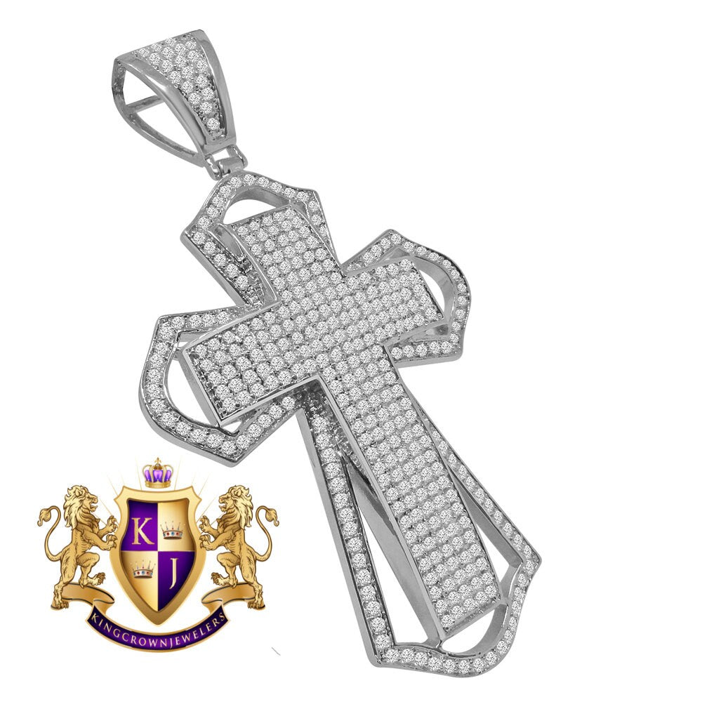 Big 3.5'' 14K White Gold Finish Simulated Diamond Jesus Cross Custom Designer Charm Pendent