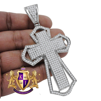Big 3.5'' 14K White Gold Finish Simulated Diamond Jesus Cross Custom Designer Charm Pendent