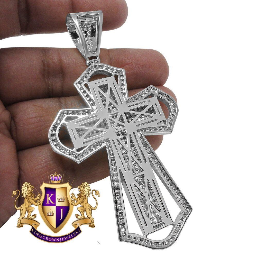 Big 3.5'' 14K White Gold Finish Simulated Diamond Jesus Cross Custom Designer Charm Pendent