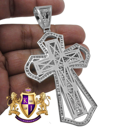 Big 3.5'' 14K White Gold Finish Simulated Diamond Jesus Cross Custom Designer Charm Pendent