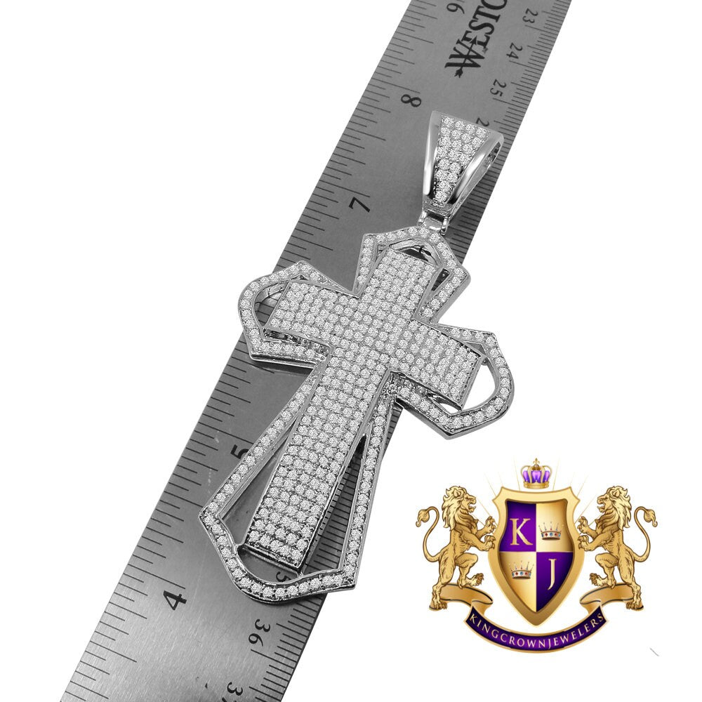 Big 3.5'' 14K White Gold Finish Simulated Diamond Jesus Cross Custom Designer Charm Pendent