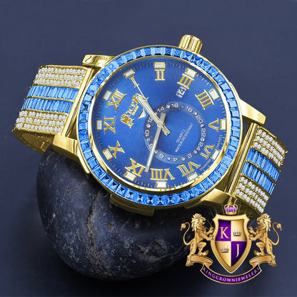 Men's Yellow Gold Tone Sapphire Blue Solid Steel Baguette-Steel Bezel Simulated Diamond Adjustable Band Watch W/Date