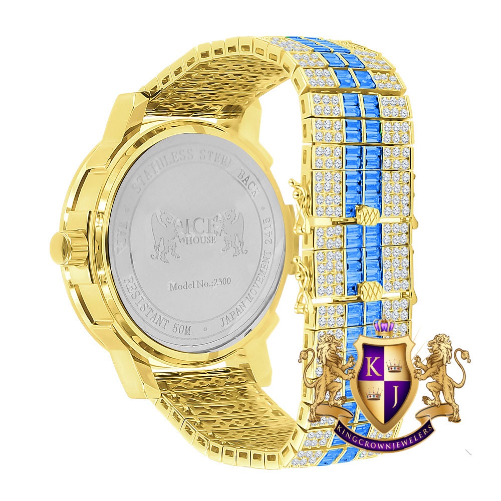 Men's Yellow Gold Tone Sapphire Blue Solid Steel Baguette-Steel Bezel Simulated Diamond Adjustable Band Watch W/Date