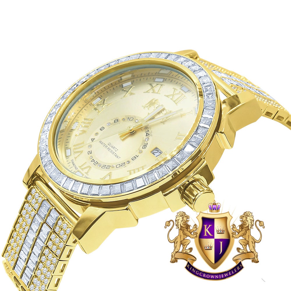Men's 14K Yellow Gold Finish Solid Steel Baguette-Steel Bezel Simulated Diamond Adjustable Band Watch W/Date
