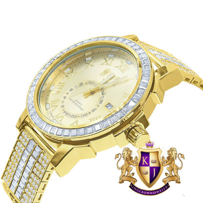 Men's 14K Yellow Gold Finish Solid Steel Baguette-Steel Bezel Simulated Diamond Adjustable Band Watch W/Date