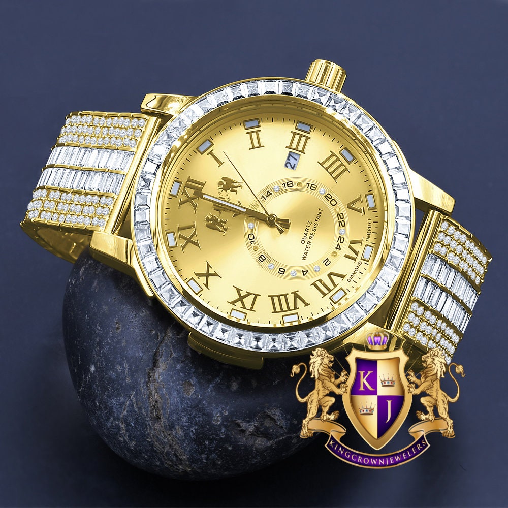 Men's 14K Yellow Gold Finish Solid Steel Baguette-Steel Bezel Simulated Diamond Adjustable Band Watch W/Date