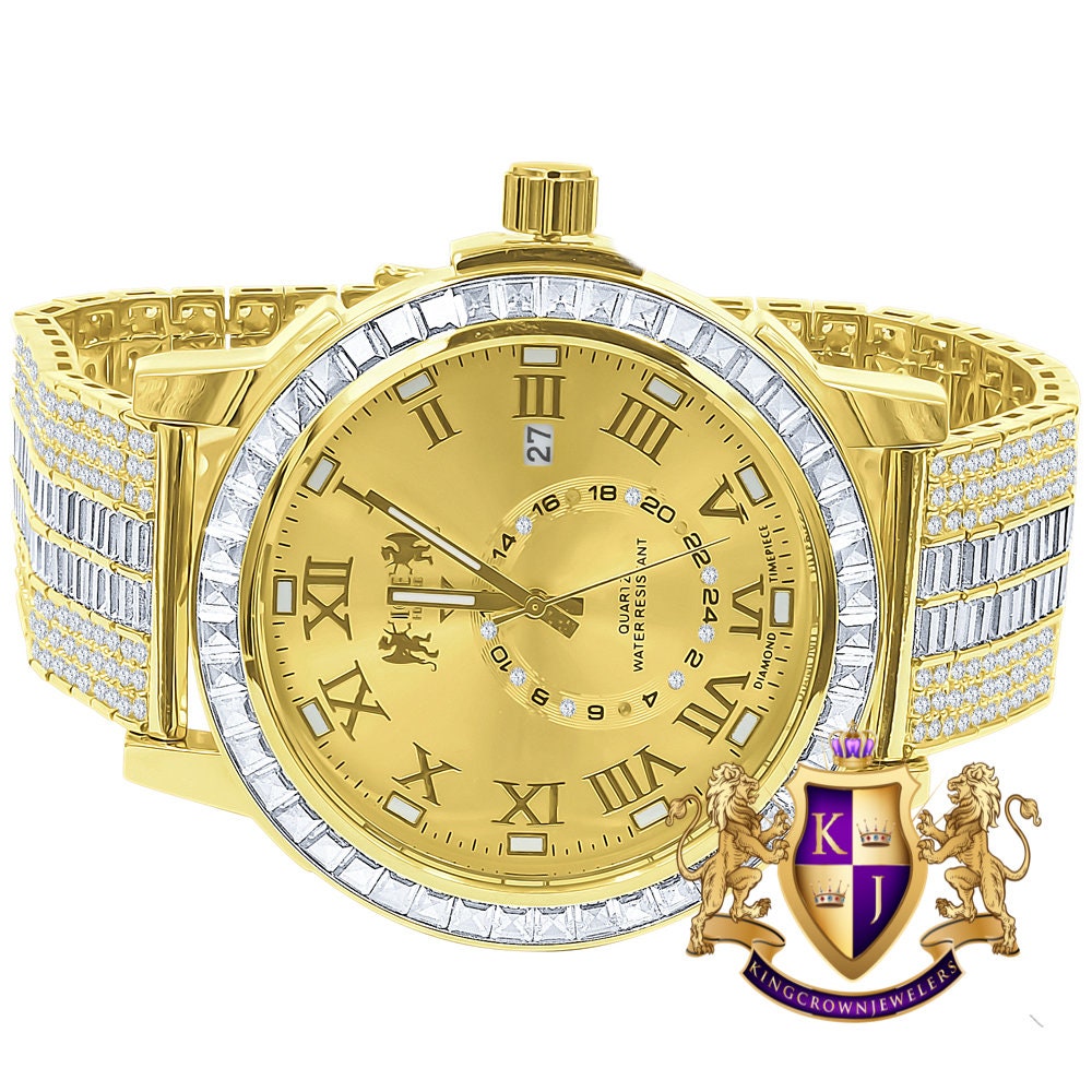 Men's 14K Yellow Gold Finish Solid Steel Baguette-Steel Bezel Simulated Diamond Adjustable Band Watch W/Date
