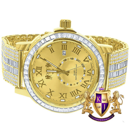 Men's 14K Yellow Gold Finish Solid Steel Baguette-Steel Bezel Simulated Diamond Adjustable Band Watch W/Date