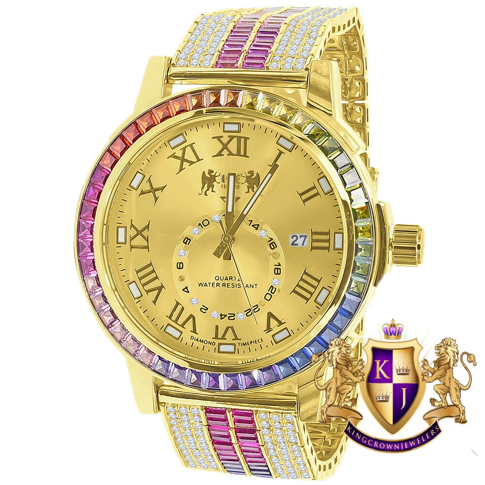 Multi Rainbow Yellow Gold Tone Solid Steel Stainless Baguette  Bezel Simulated Diamond Adjustable Band Watch W/Date