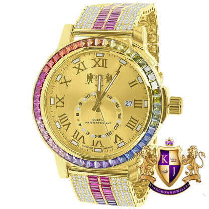 Multi Rainbow Yellow Gold Tone Solid Steel Stainless Baguette  Bezel Simulated Diamond Adjustable Band Watch W/Date