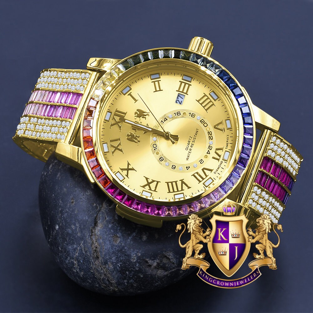 Multi Rainbow Yellow Gold Tone Solid Steel Stainless Baguette  Bezel Simulated Diamond Adjustable Band Watch W/Date