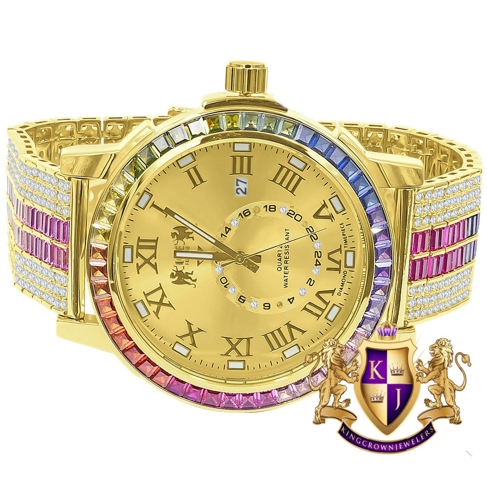 Multi Rainbow Yellow Gold Tone Solid Steel Stainless Baguette  Bezel Simulated Diamond Adjustable Band Watch W/Date