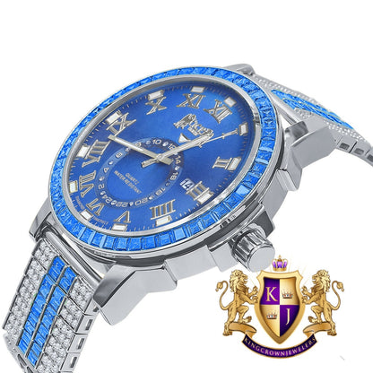 Men's Blue Sapphire Dial 18K White Gold Finish Baguette Simulated Diamond Custom Luxury Watch W/Date
