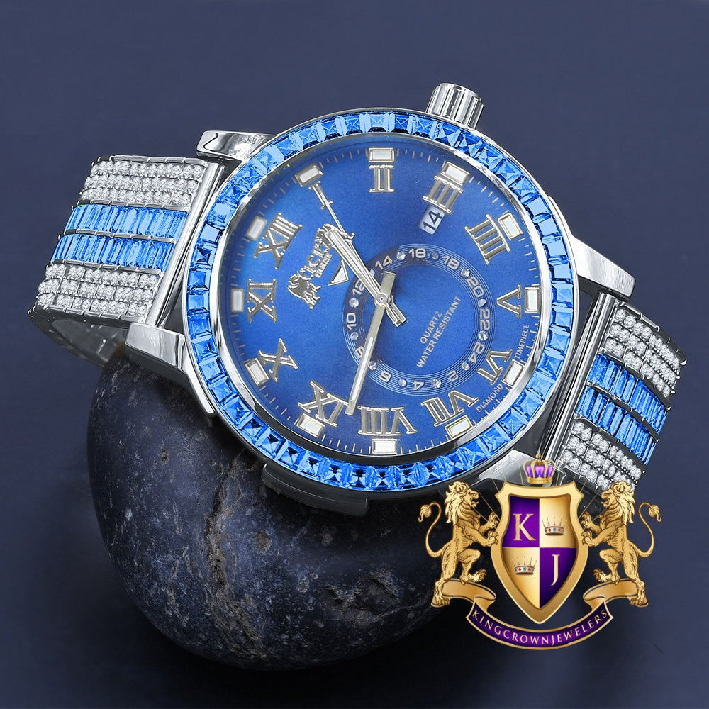 Men's Blue Sapphire Dial 18K White Gold Finish Baguette Simulated Diamond Custom Luxury Watch W/Date