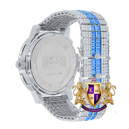 Men's Blue Sapphire Dial 18K White Gold Finish Baguette Simulated Diamond Custom Luxury Watch W/Date