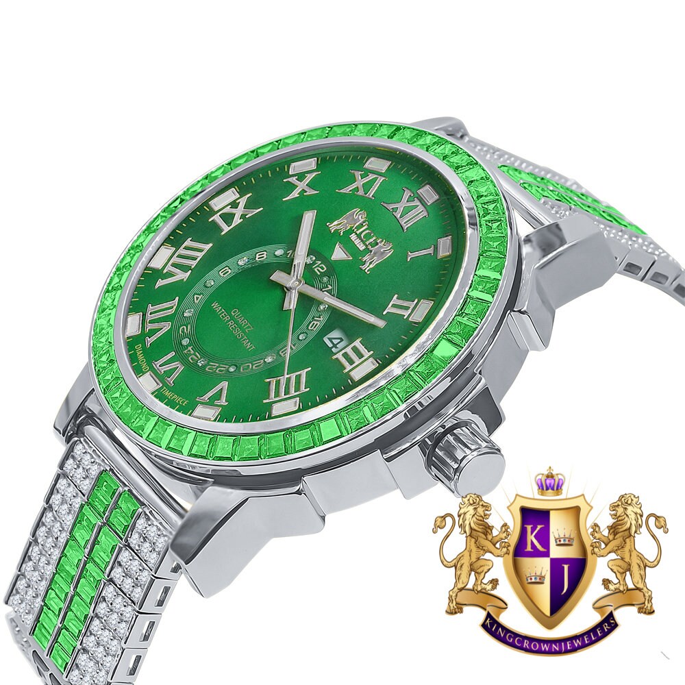 Men's Green Emerald Dial 18K White Gold Finish Baguette Simulated Diamond Custom Luxury Watch W/Date