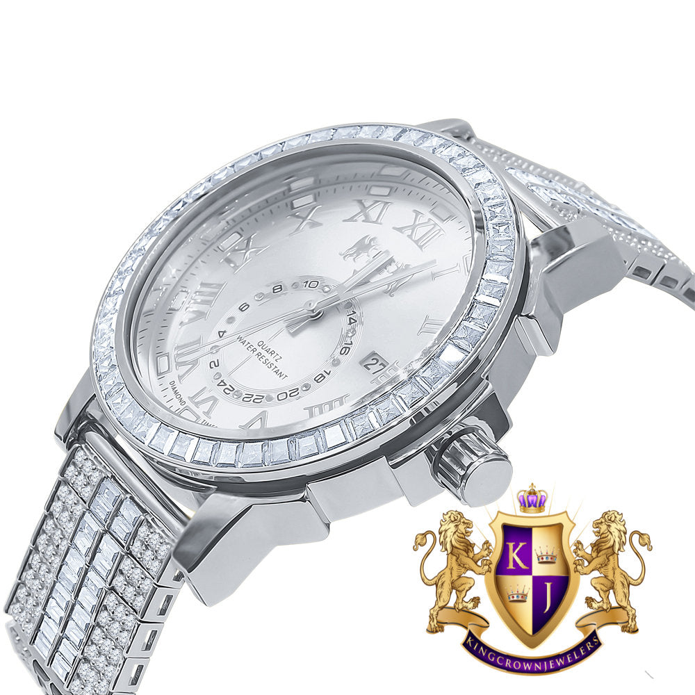Men's 14K White Gold Finish Solid Steel Baguette-Steel Bezel Simulated Diamond Adjustable Band Watch W/Date