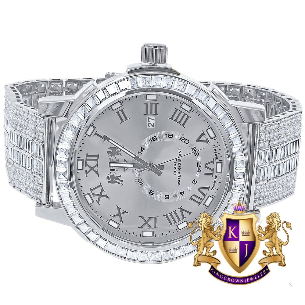 Men's 14K White Gold Finish Solid Steel Baguette-Steel Bezel Simulated Diamond Adjustable Band Watch W/Date
