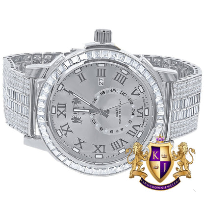 Men's 14K White Gold Finish Solid Steel Baguette-Steel Bezel Simulated Diamond Adjustable Band Watch W/Date