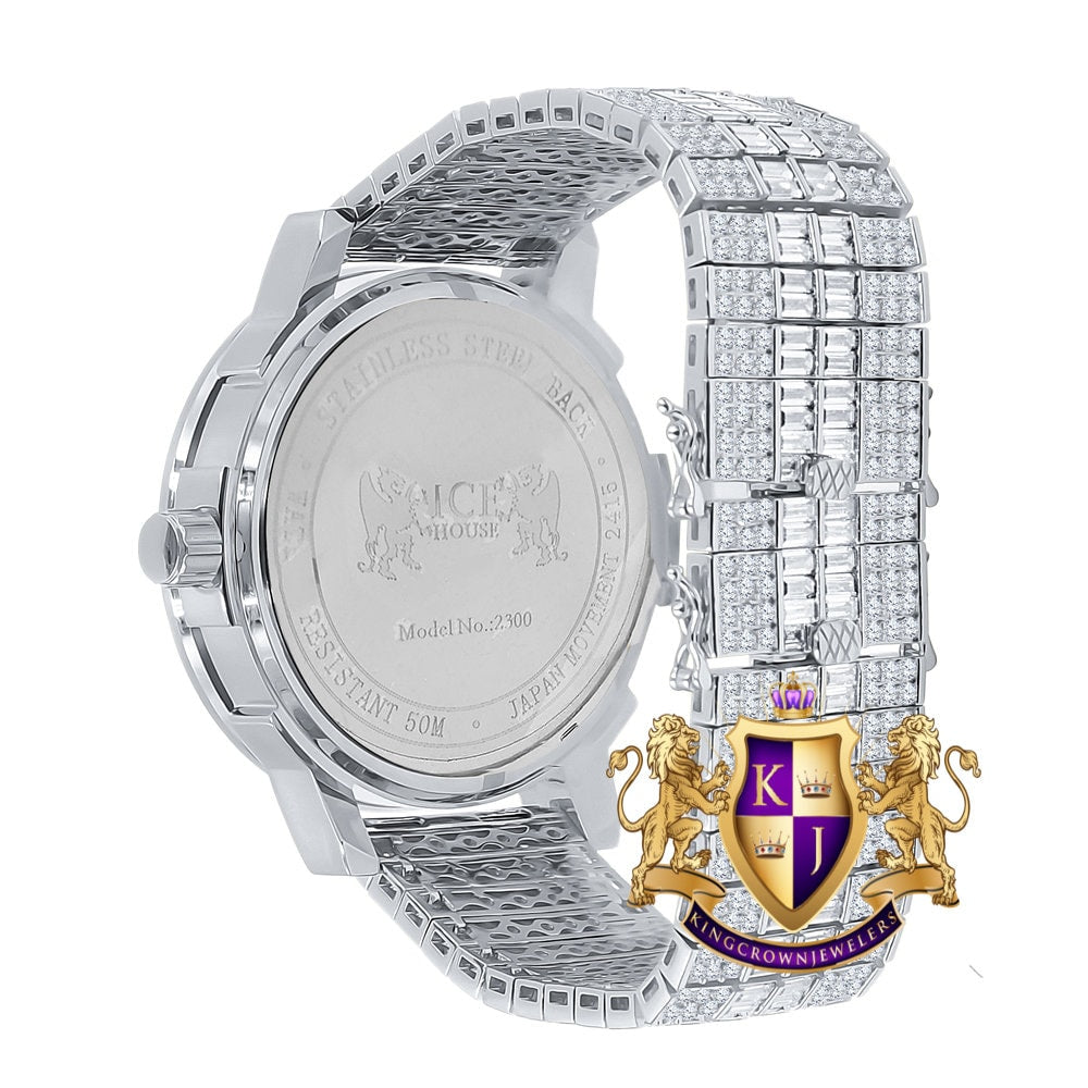 Men's 14K White Gold Finish Solid Steel Baguette-Steel Bezel Simulated Diamond Adjustable Band Watch W/Date