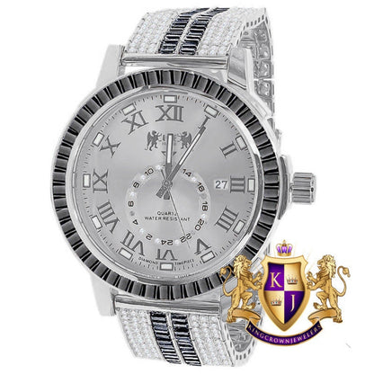 Onyx Black Men's 14K White Gold Finish Solid Steel Baguette-Steel Bezel Simulated Diamond Adjustable Band Watch W/Date