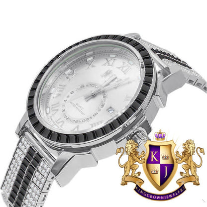 Onyx Black Men's 14K White Gold Finish Solid Steel Baguette-Steel Bezel Simulated Diamond Adjustable Band Watch W/Date