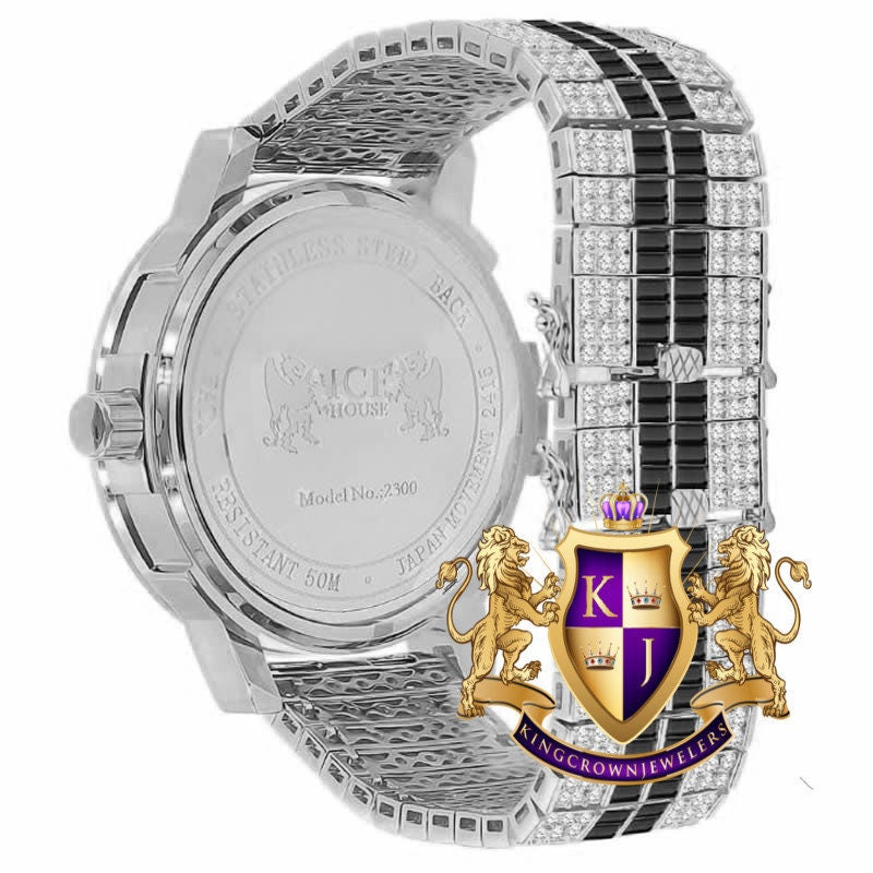 Onyx Black Men's 14K White Gold Finish Solid Steel Baguette-Steel Bezel Simulated Diamond Adjustable Band Watch W/Date