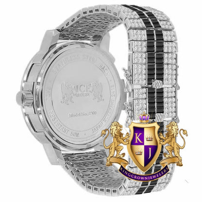 Onyx Black Men's 14K White Gold Finish Solid Steel Baguette-Steel Bezel Simulated Diamond Adjustable Band Watch W/Date