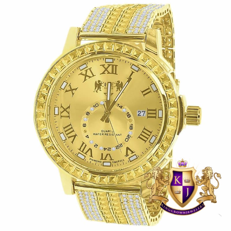 Canary Citrine Men's Gold Tone Solid Steel Baguette-Steel Bezel Simulated Diamond Adjustable Band Watch W/Date