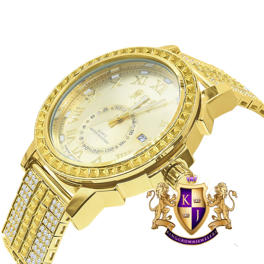 Canary Citrine Men's Gold Tone Solid Steel Baguette-Steel Bezel Simulated Diamond Adjustable Band Watch W/Date