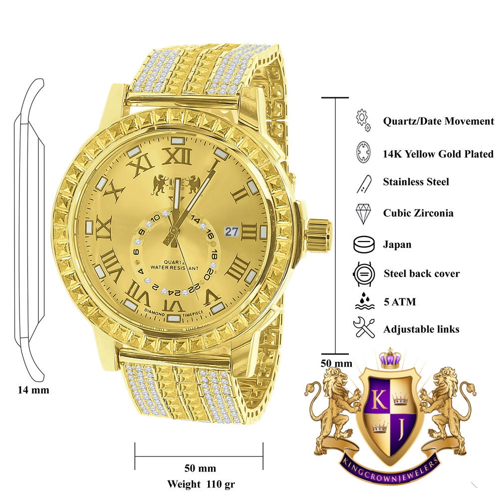 Canary Citrine Men's Gold Tone Solid Steel Baguette-Steel Bezel Simulated Diamond Adjustable Band Watch W/Date