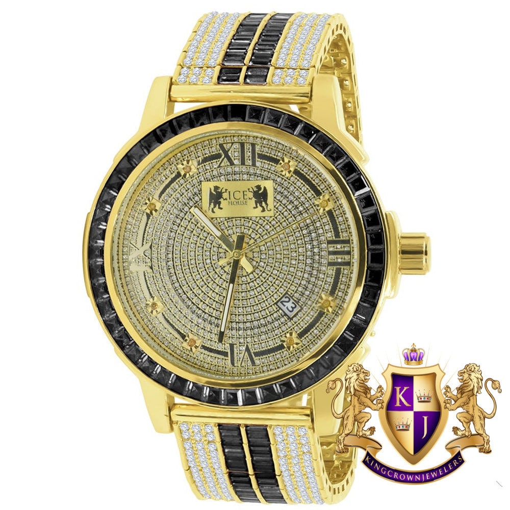 Mens Genuine Diamond Dial Stainless Steel Custom Bezel Black Onyx Gold Tone Adjustable Band Watch W/Date