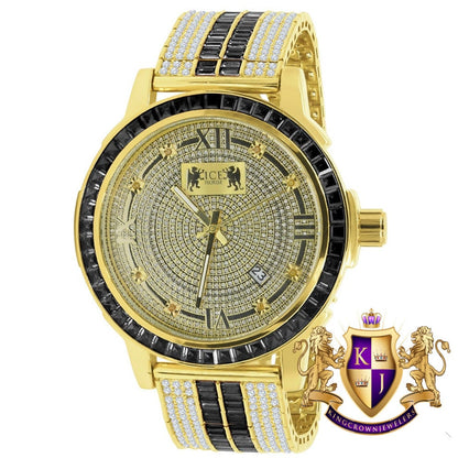 Mens Genuine Diamond Dial Stainless Steel Custom Bezel Black Onyx Gold Tone Adjustable Band Watch W/Date