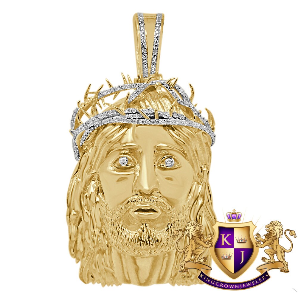 Mens Real Genuine Natural Diamond Jesus Face Piece 10K Yellow Gold Finish Pendent Charm 2.25''