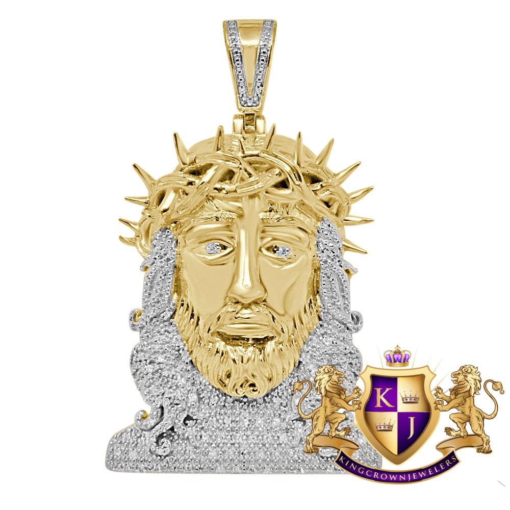 Real Genuine Diamond Jesus Thorns Face Piece 10K Yellow Gold Finish Pendent Charm 2.15''