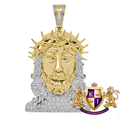 Real Genuine Diamond Jesus Thorns Face Piece 10K Yellow Gold Finish Pendent Charm 2.15''